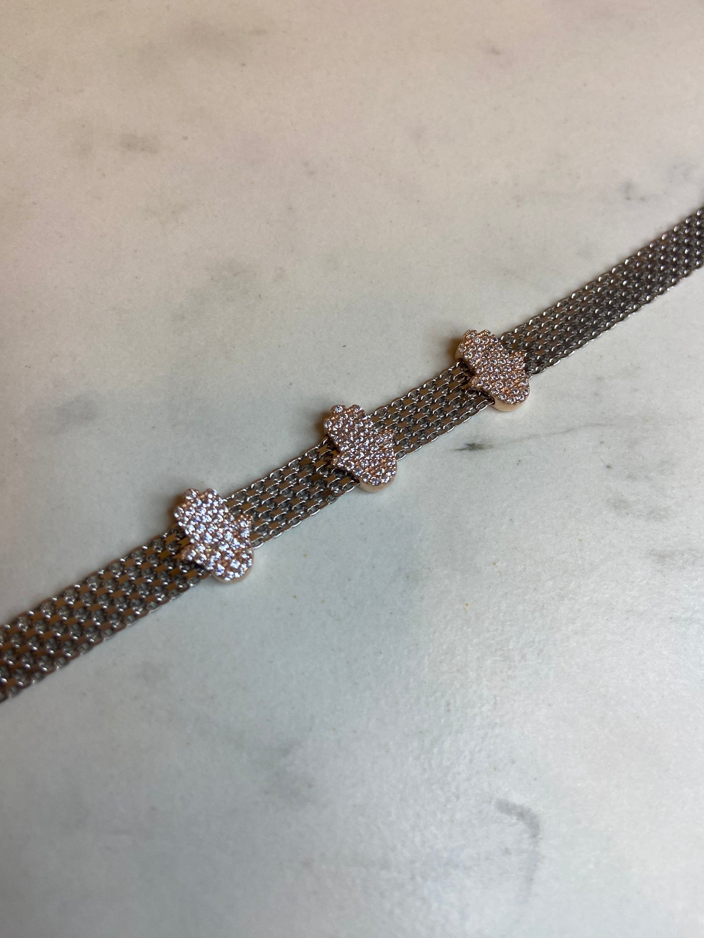 Silver Bracelet with Pink Hamsa Hand Charms - اسوارة فضة مع تعاليق كف