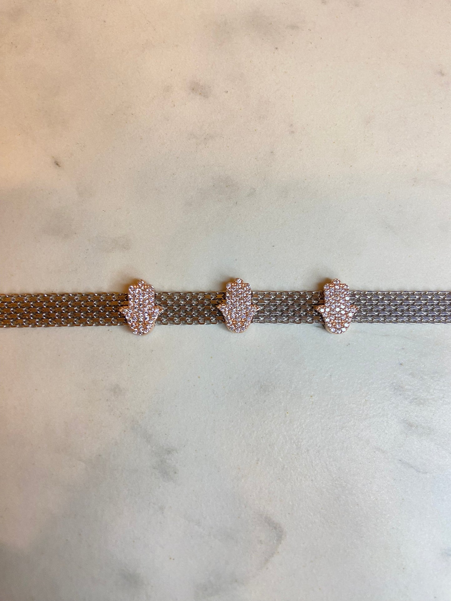 Silver Bracelet with Pink Hamsa Hand Charms - اسوارة فضة مع تعاليق كف