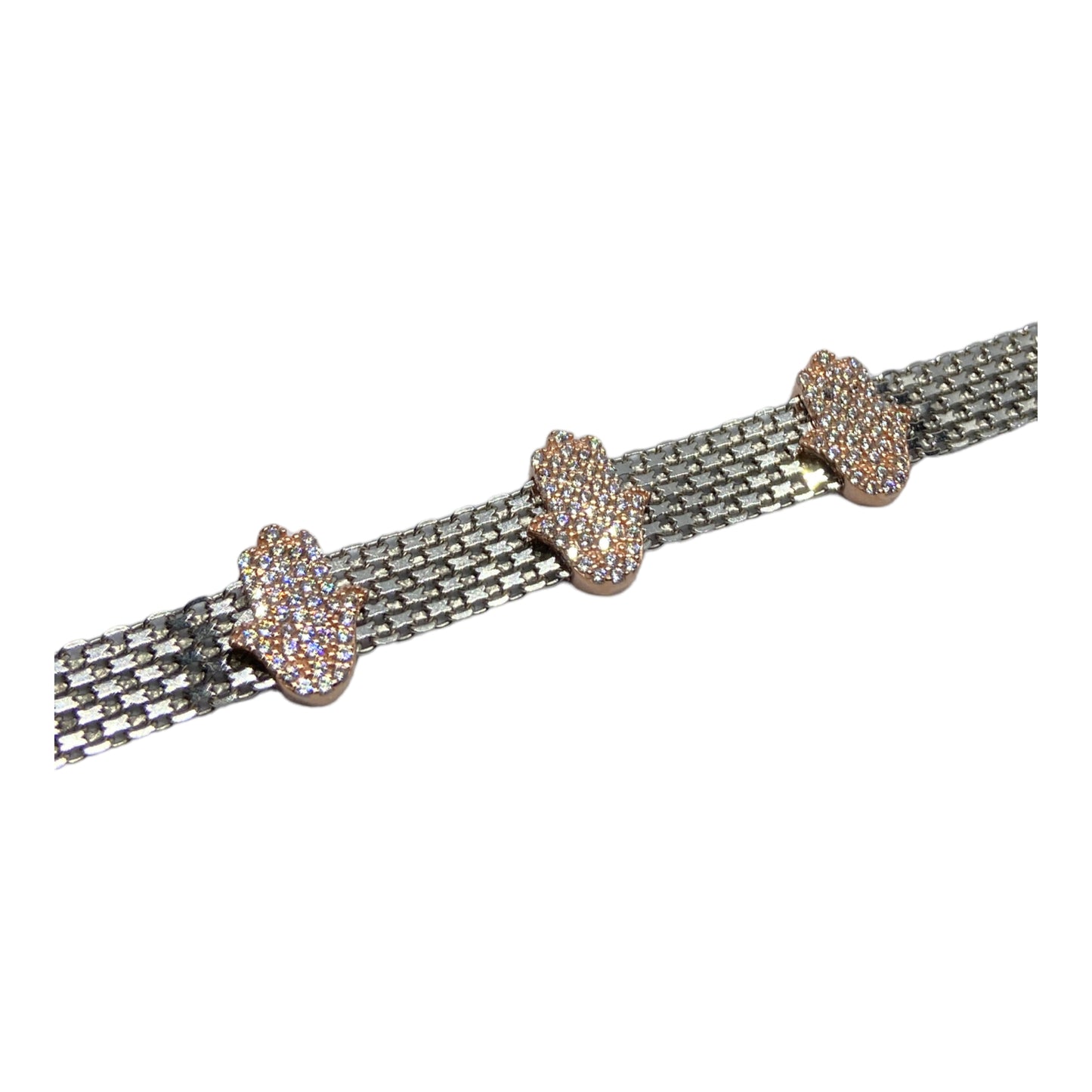 Silver Bracelet with Pink Hamsa Hand Charms - اسوارة فضة مع تعاليق كف