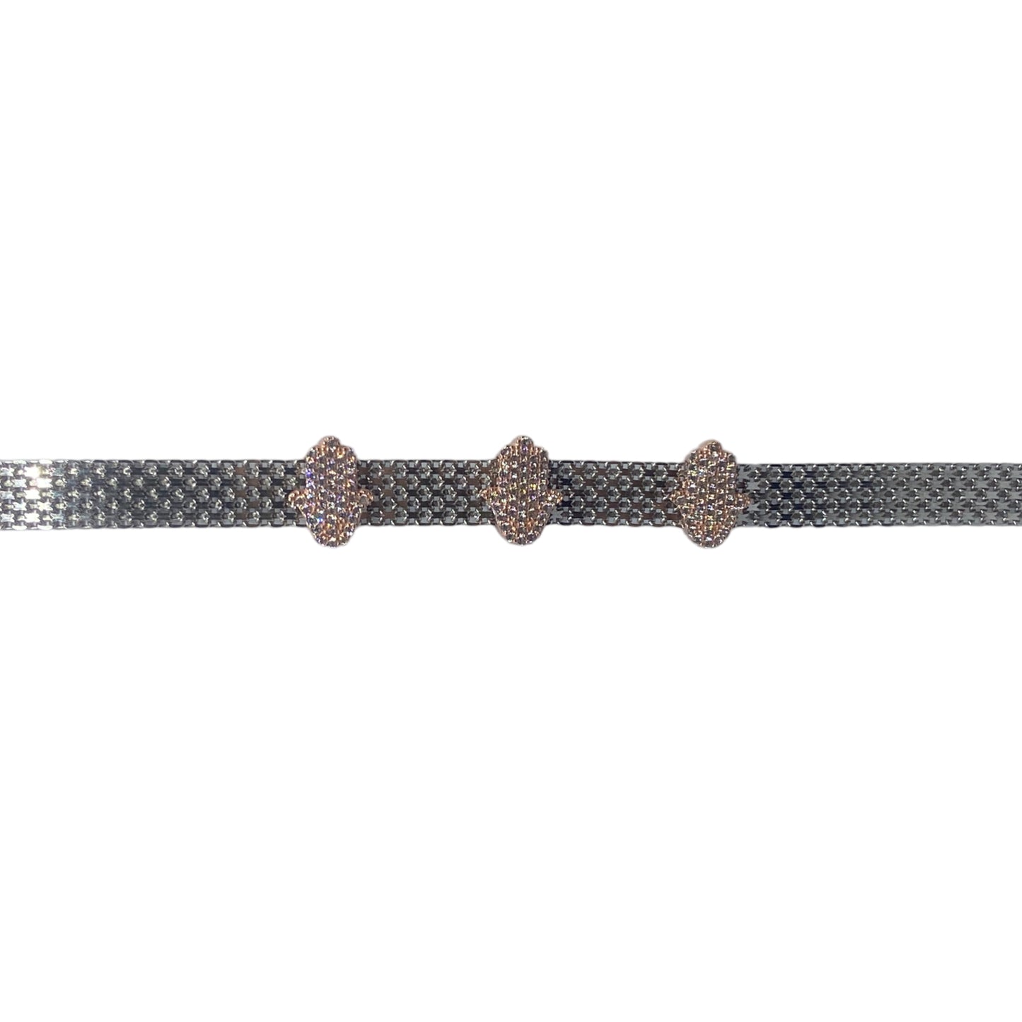 Silver Bracelet with Pink Hamsa Hand Charms - اسوارة فضة مع تعاليق كف