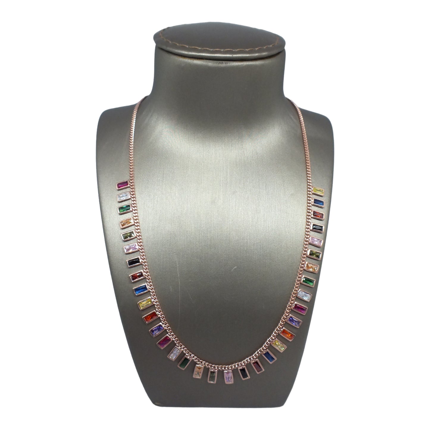 Silver Necklace With Colorful Stones (RoseGold Plated) -سلسال فضة مطلي روزجولد