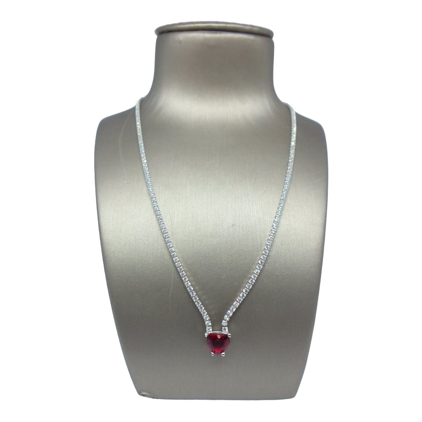 Silver Tennis Necklace with Red Heart Stone- سلسال تنس فضة مع حجر قلب احمر