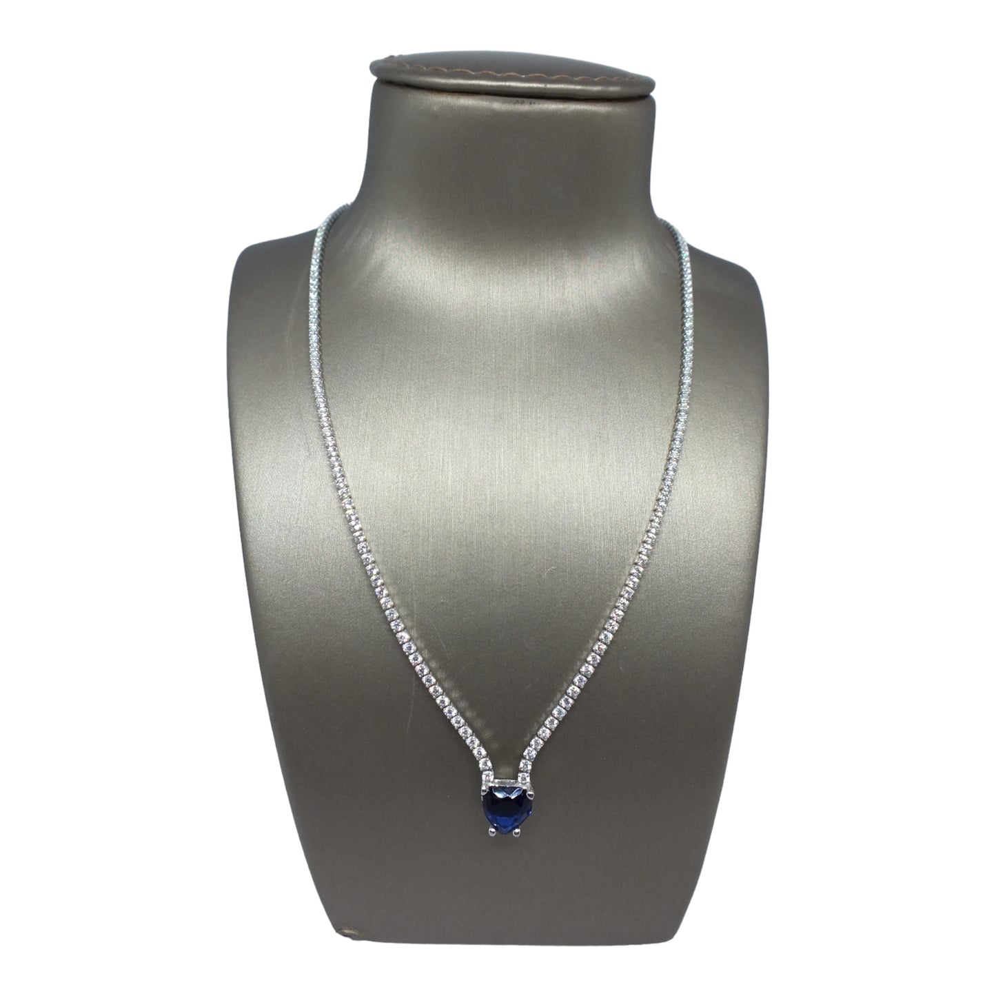 Silver Tennis Necklace with Dark Blue Heart Stone- سلسال تنس فضة مع حجر قلب كحلي