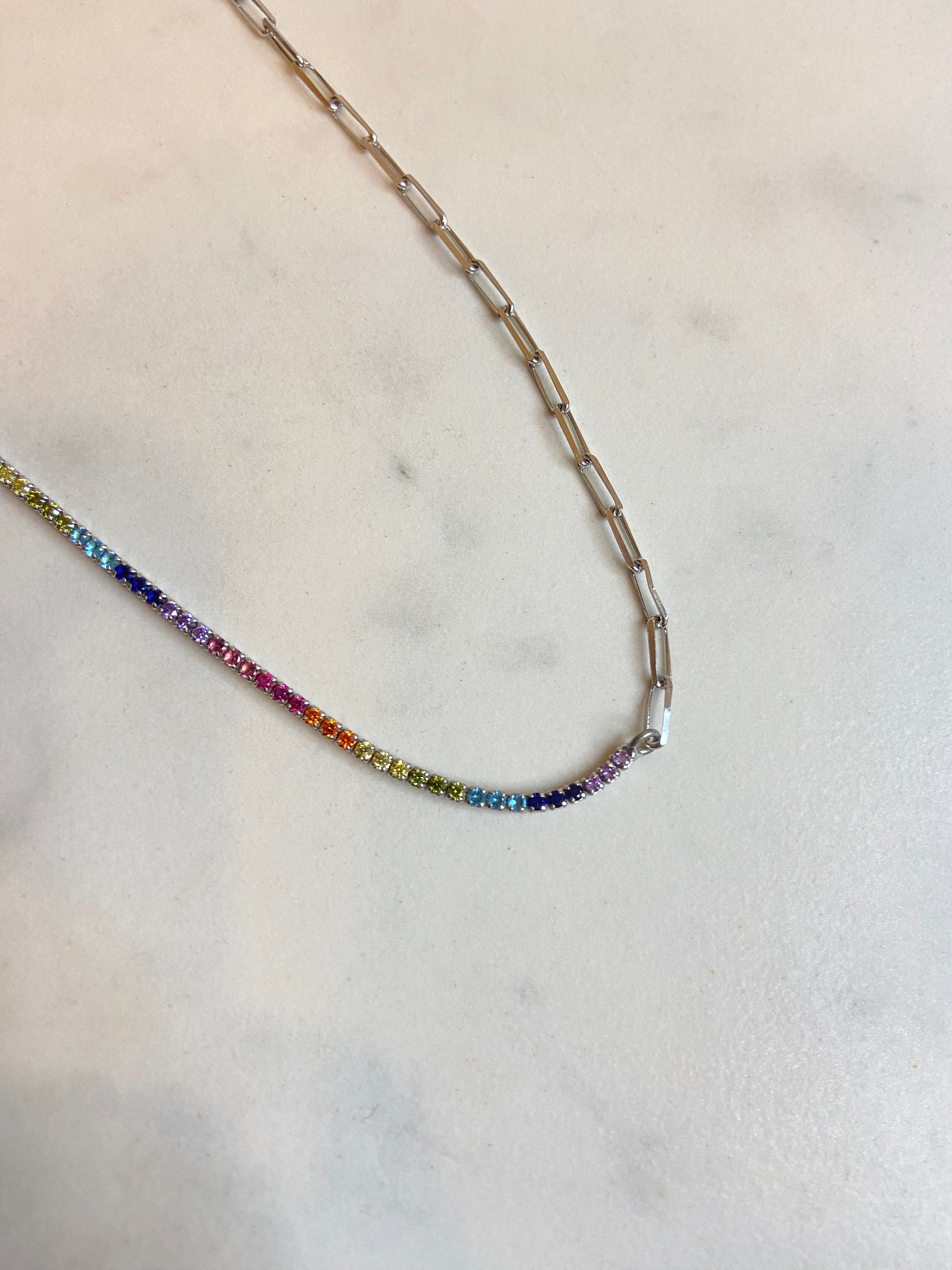 Silver Rainbow Tennis Necklace-سلسال تنس فضة بأحجار ملونة Silver Rainbow Tennis Necklace-سلسال تنس فضة بأحجار ملونة