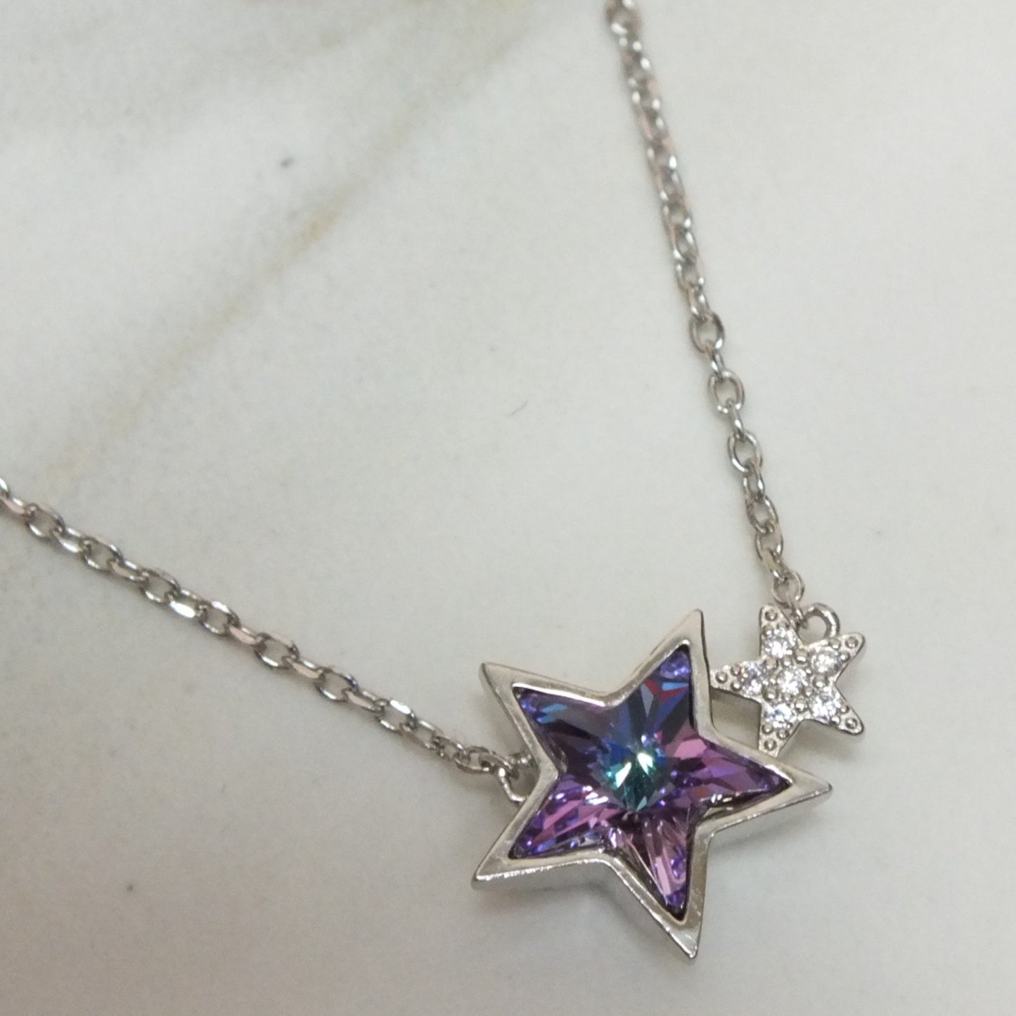 Colored Stone Star Silver Necklace - سلسال فضة نجوم بحجر ملون