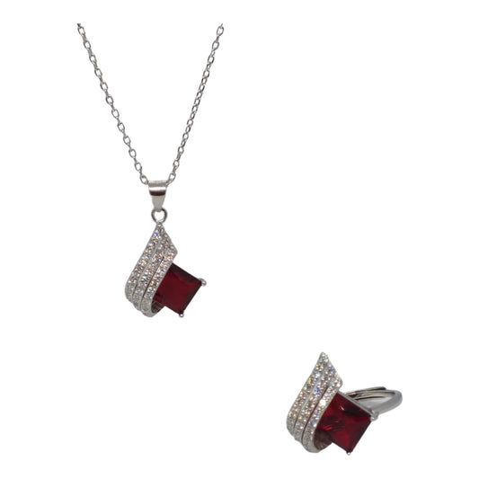 Red Stone Necklace & Ring Miniset-طقم فضة خاتم و سلسال حجر احمر