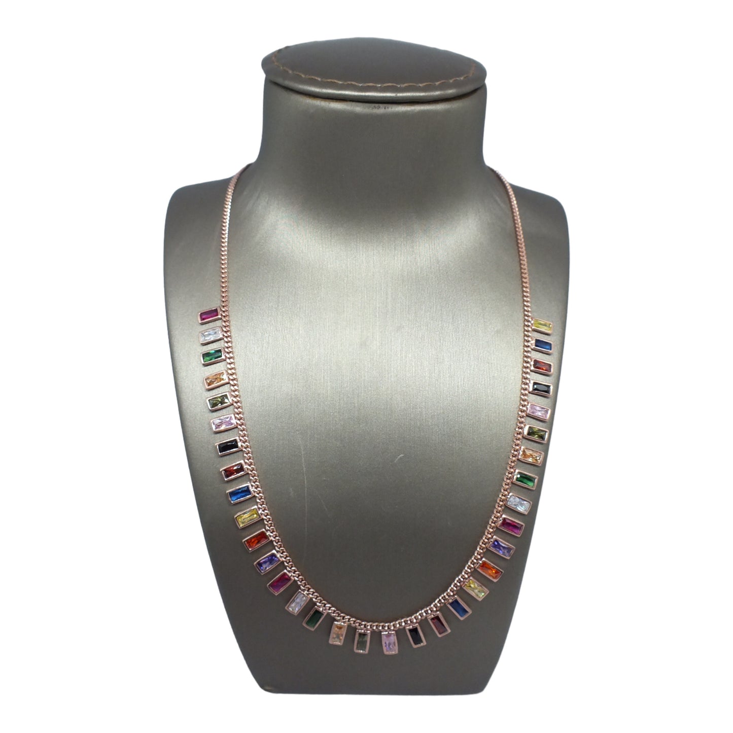 Silver Necklace With Colorful Stones (RoseGold Plated) -سلسال فضة مطلي روزجولد⁩