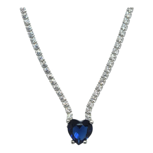 Silver Tennis Necklace with Dark Blue Heart Stone- سلسال تنس فضة مع حجر قلب كحلي⁩⁩⁩
