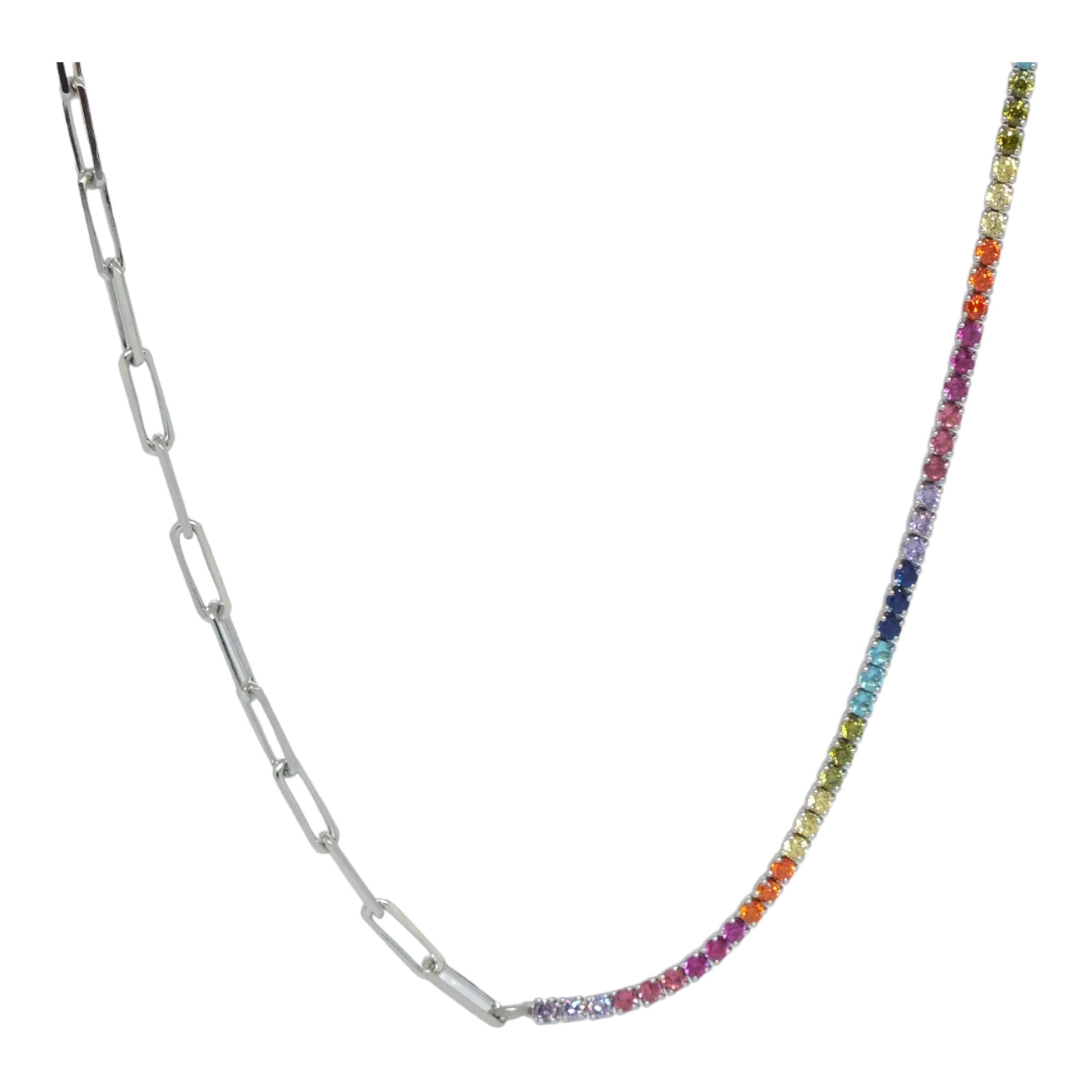 Silver Rainbow Tennis Necklace-سلسال تنس فضة بأحجار ملونة Silver Rainbow Tennis Necklace-سلسال تنس فضة بأحجار ملونة