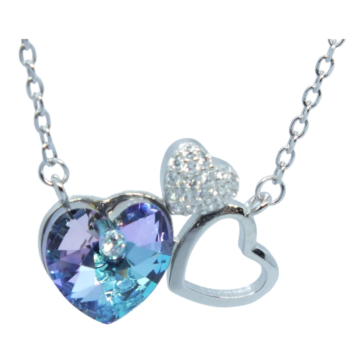 Colored Hearts Silver Necklace-سلسال فضة قلوب بحجر ملون