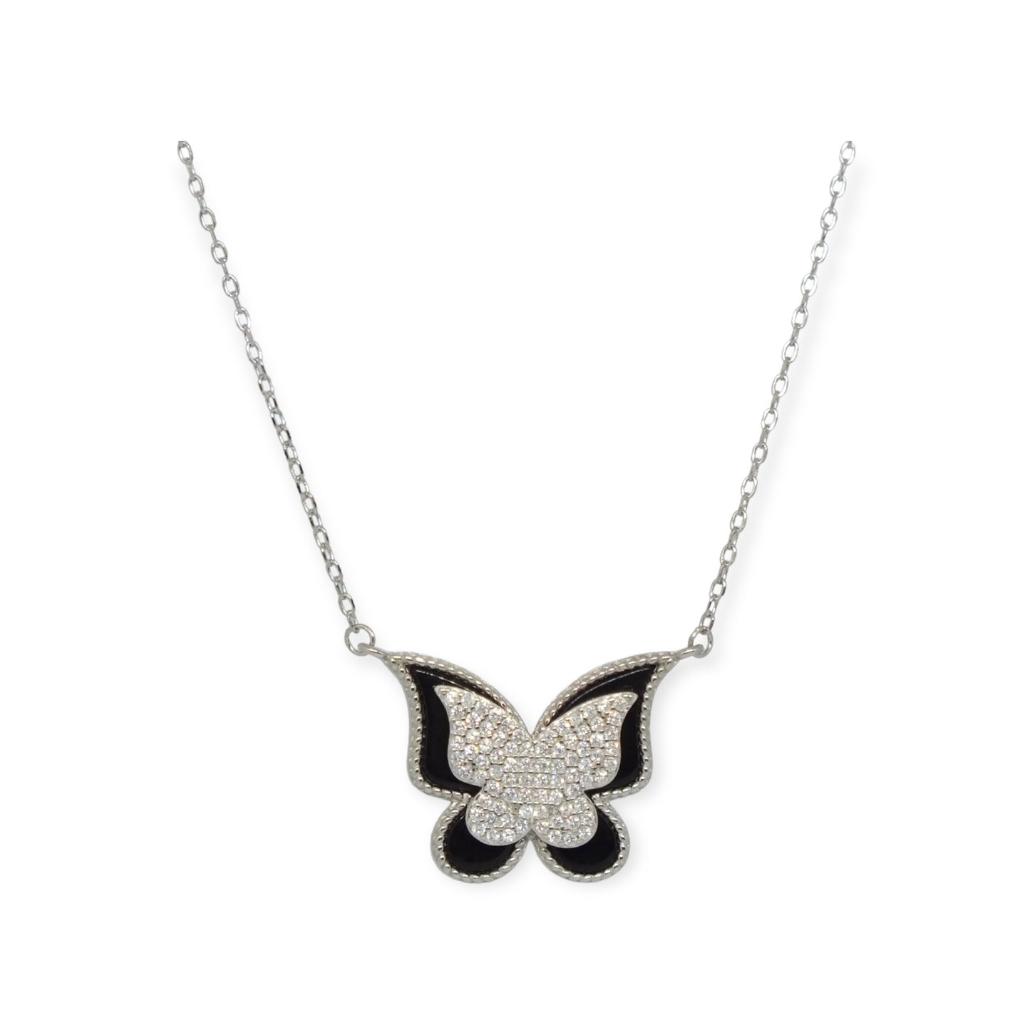 Butterfly Silver Necklace-سلسال الفراشة مع حجر اسود