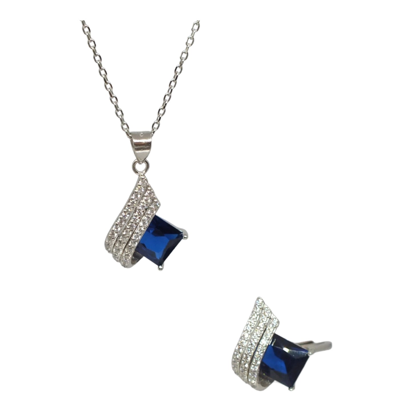 Dark Blue Necklace & Ring Miniset-طقم فضة سلسال و خاتم بحجر كحلي