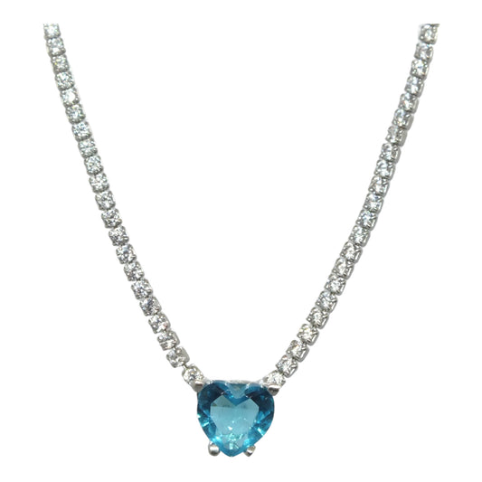 Silver Tennis Necklace with Aquamarine Heart Stone- سلسال تنس فضة مع حجر قلب ازرق⁩⁩