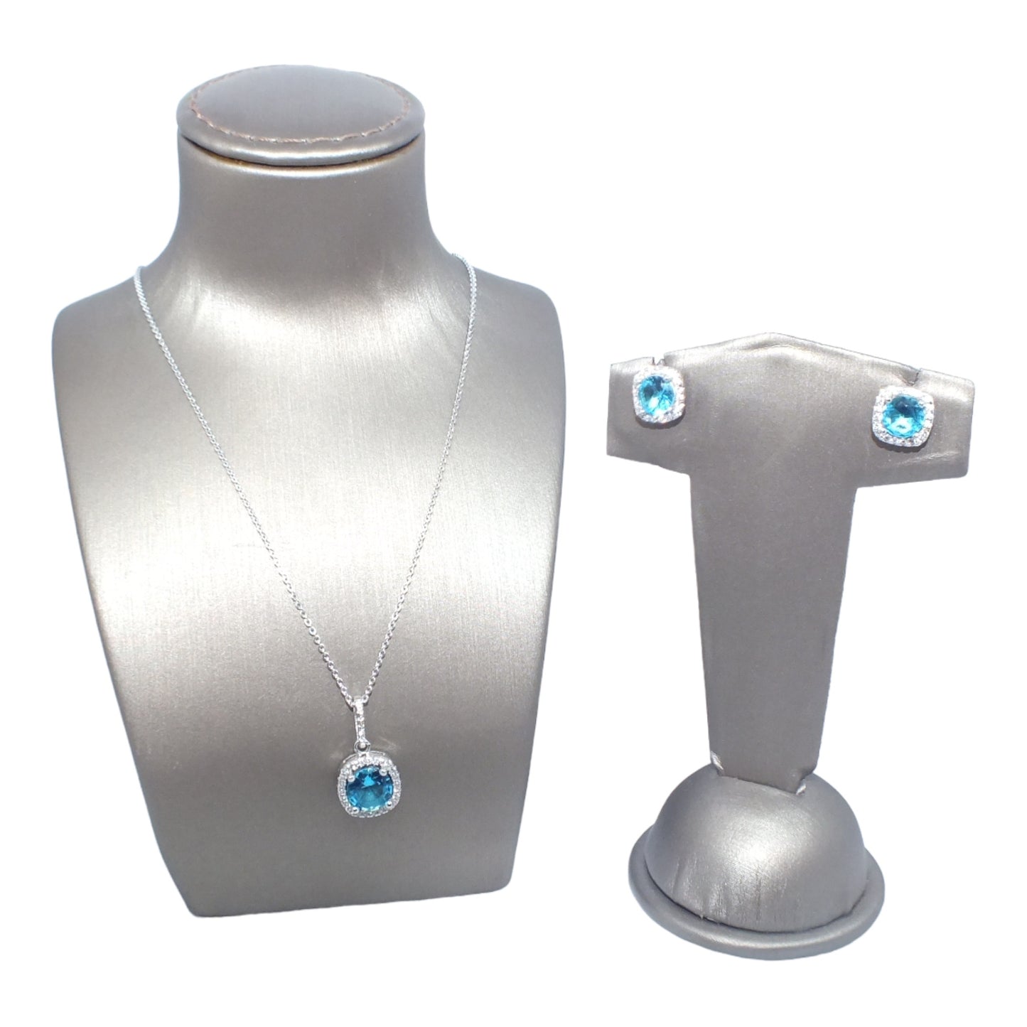 March Birthstone Aquamarine Necklace & Earrings Silver Miniset-طقم فضة سلسال و حلق حجر ميلاد شهر مارس
